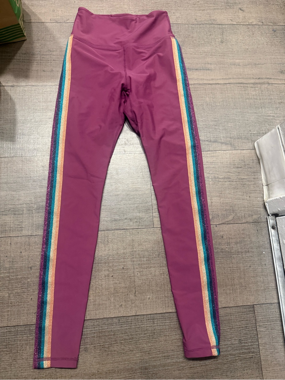 Spiritual Gangster Girls Burgundy Leggings with Rainbow Glitter Side Stripes